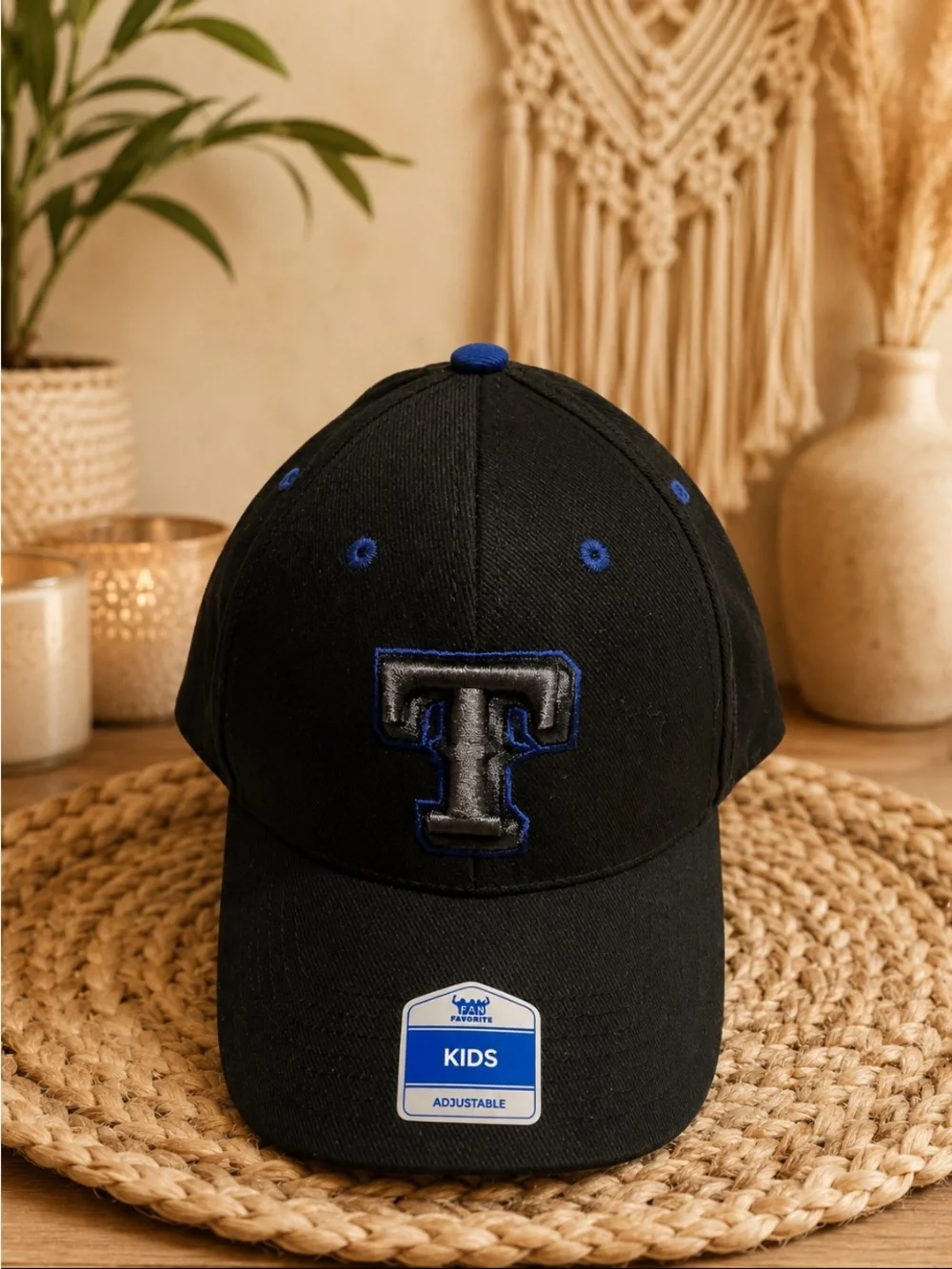 MLB Kids Black Cap with Blue Accents and Raised 'T' Emblem Texas rangers cap